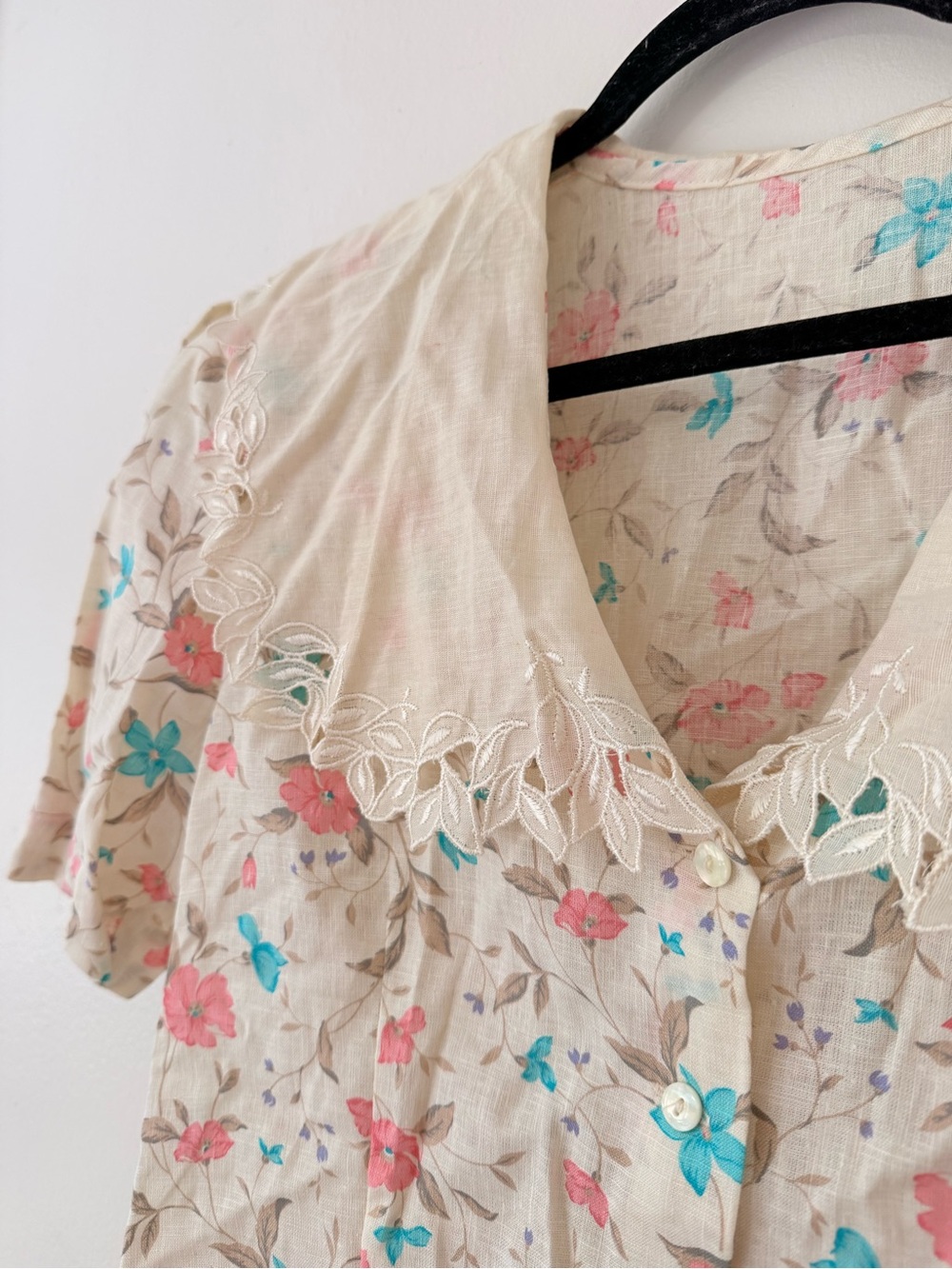 Vintage Floral Short Sleeve Button Blouse w/ Lacy Sailor Collar Doncaster II -MD - Picture 11 of 15